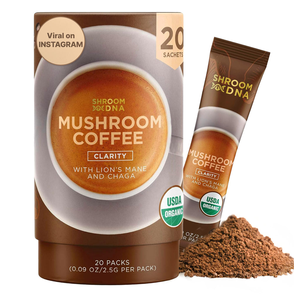 MATCHA DNA empaque frontal del café de hongos mostrando marca y beneficio práctico