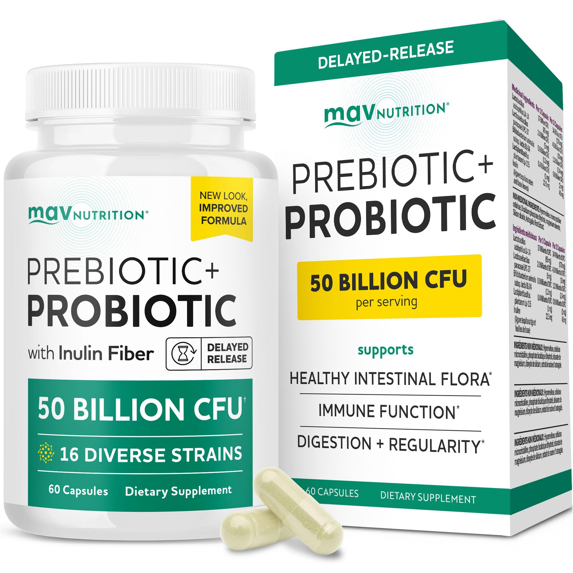 MAV NUTRITION frasco delantero mostrando etiqueta y beneficio de equilibrio intestinal