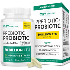 MAV NUTRITION frasco delantero mostrando etiqueta y beneficio de equilibrio intestinal