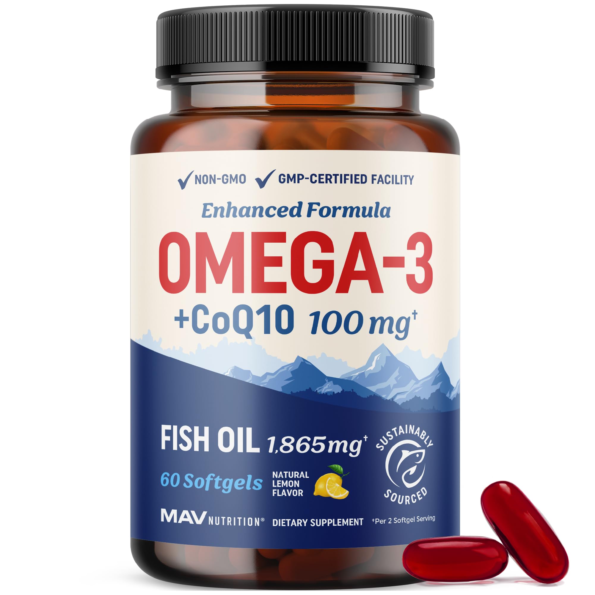 MAV NUTRITION frasco frontal del suplemento Omega 3 y CoQ10 mostrando el envase