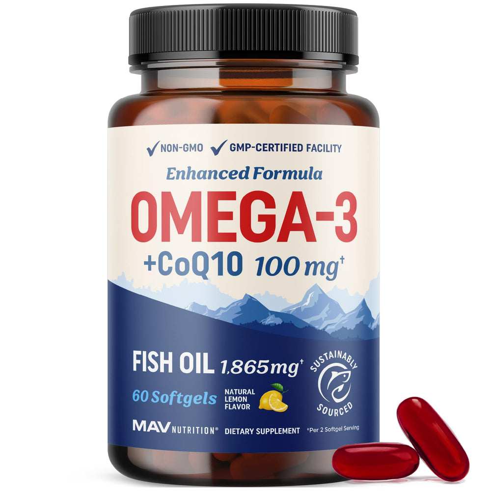 MAV NUTRITION frasco frontal del suplemento Omega 3 y CoQ10 mostrando el envase