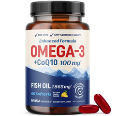 MAV NUTRITION frasco frontal del suplemento Omega 3 y CoQ10 mostrando el envase