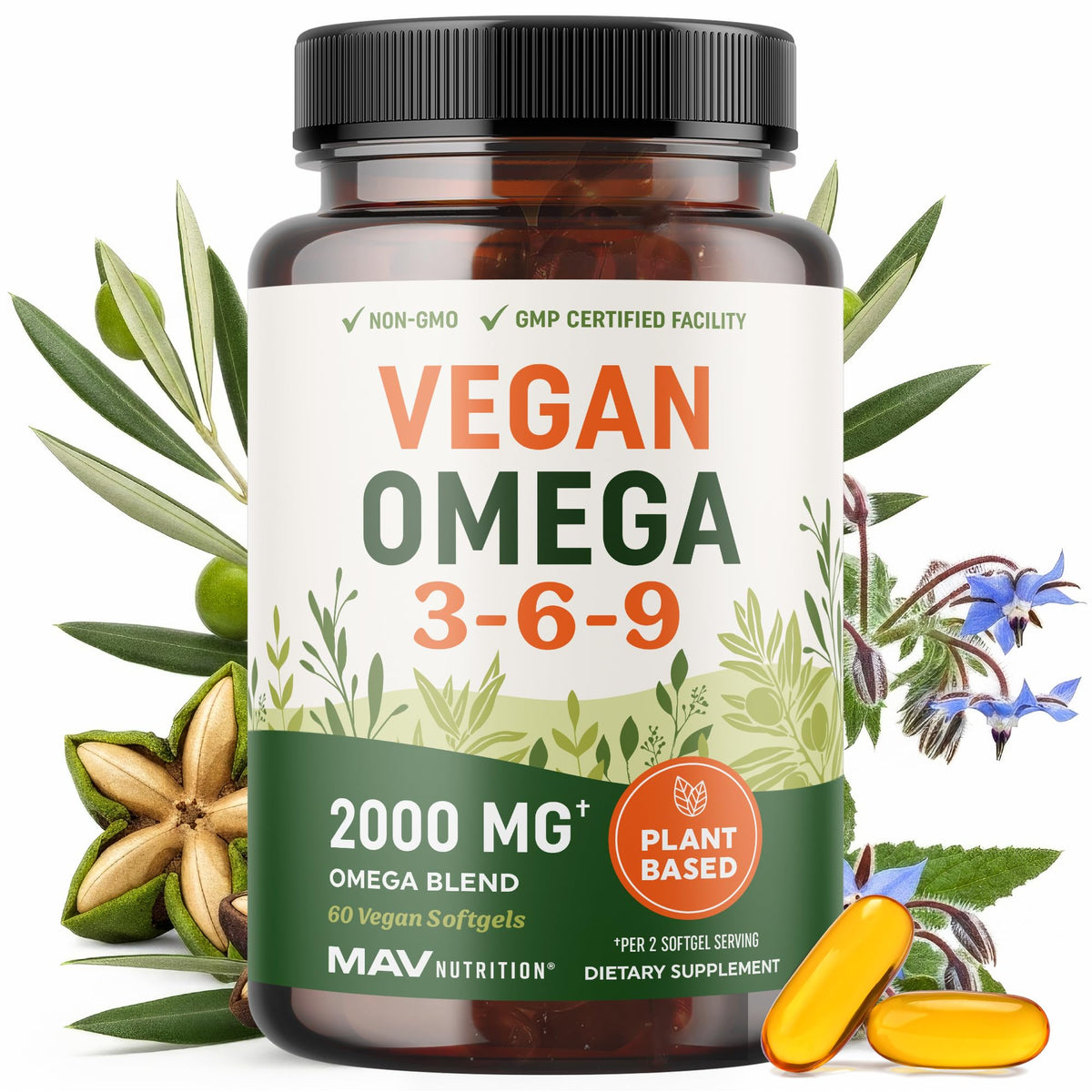 MAV NUTRITION envase frontal mostrando suplemento vegano y beneficios