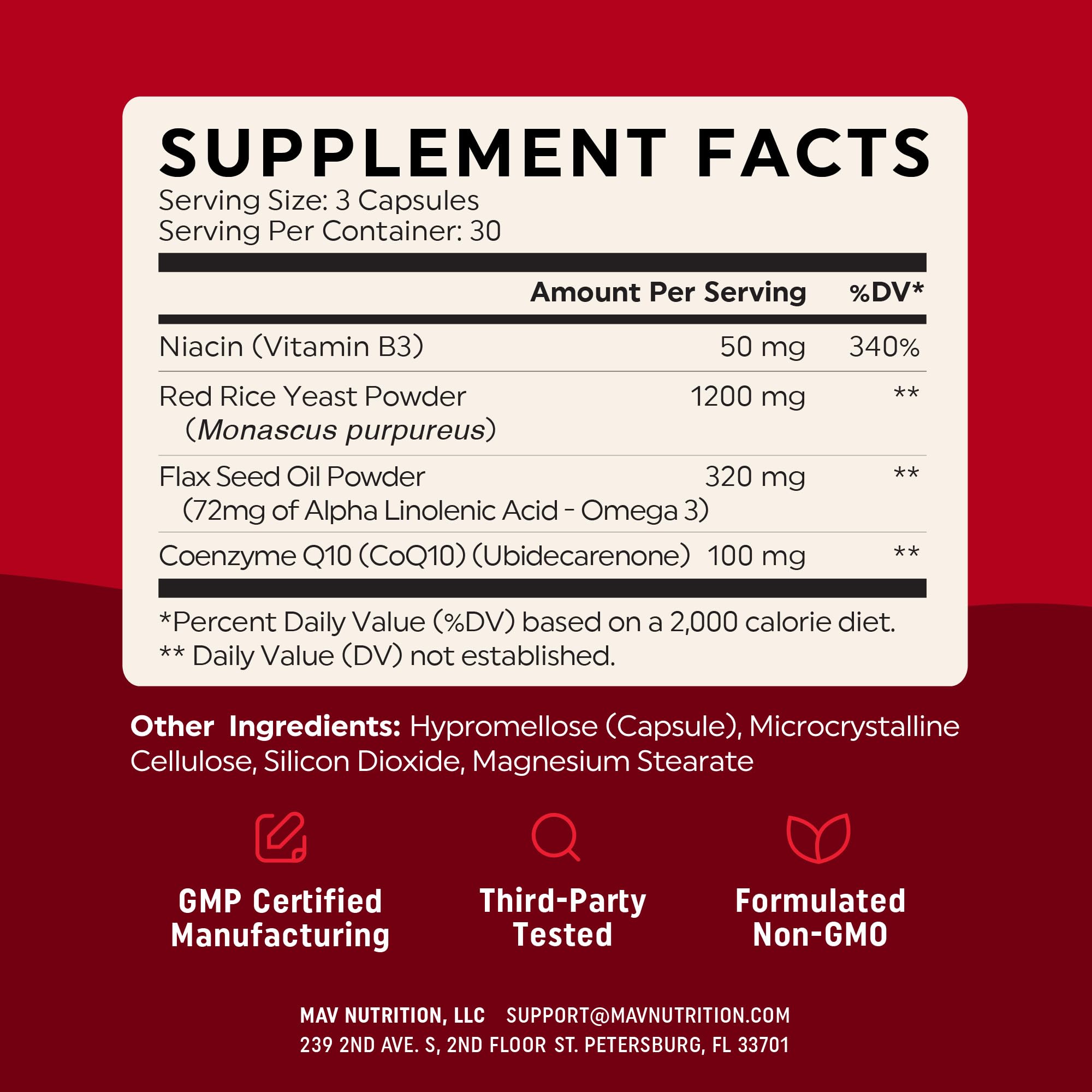 MAV NUTRITION ingredientes: linaza y arroz de levadura roja, origen vegetal