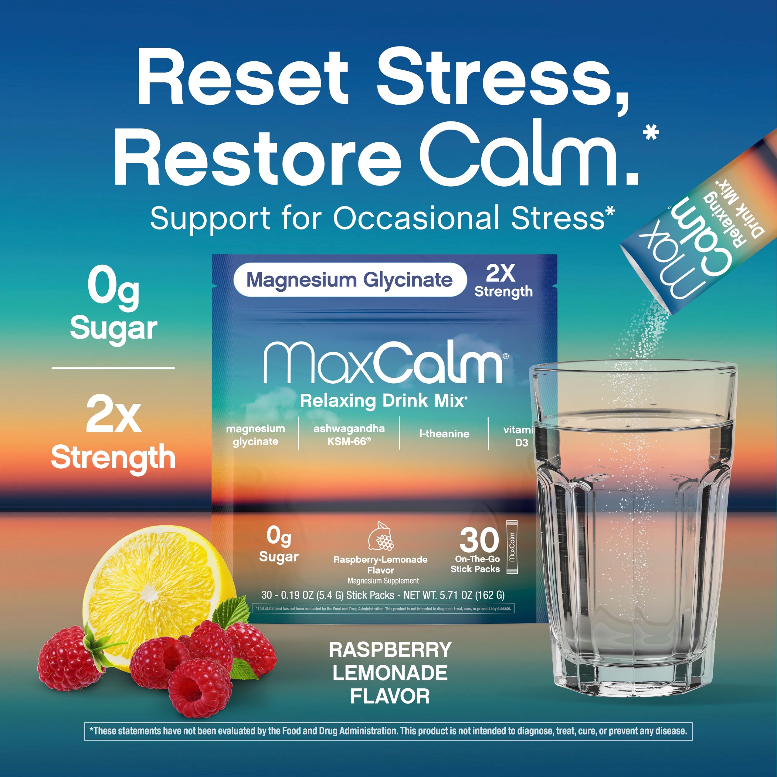 Vaso con bebida Max Calm frambuesa-limonada listo para beber refrescante