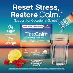 Vaso con bebida Max Calm frambuesa-limonada listo para beber refrescante