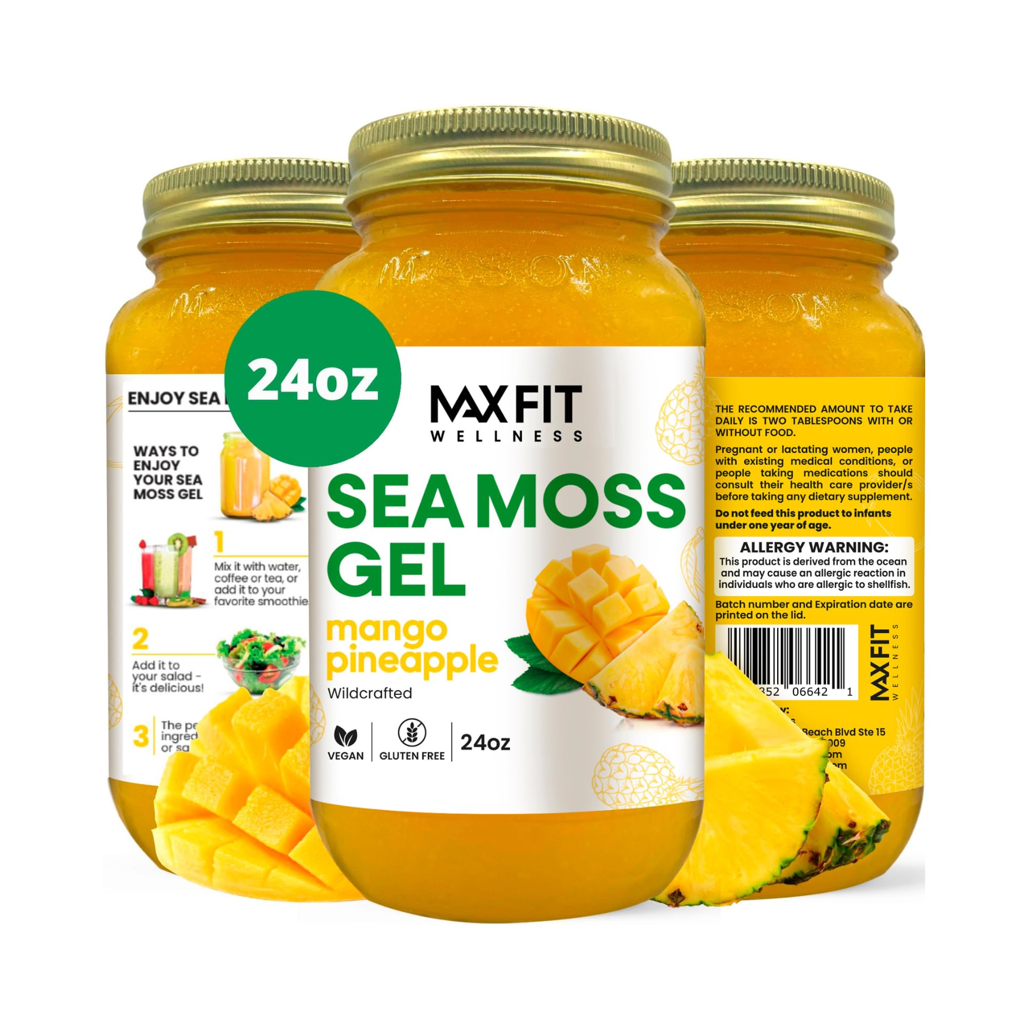 MAX FIT frasco frontal del gel dorado, presentación limpia y lista para usar