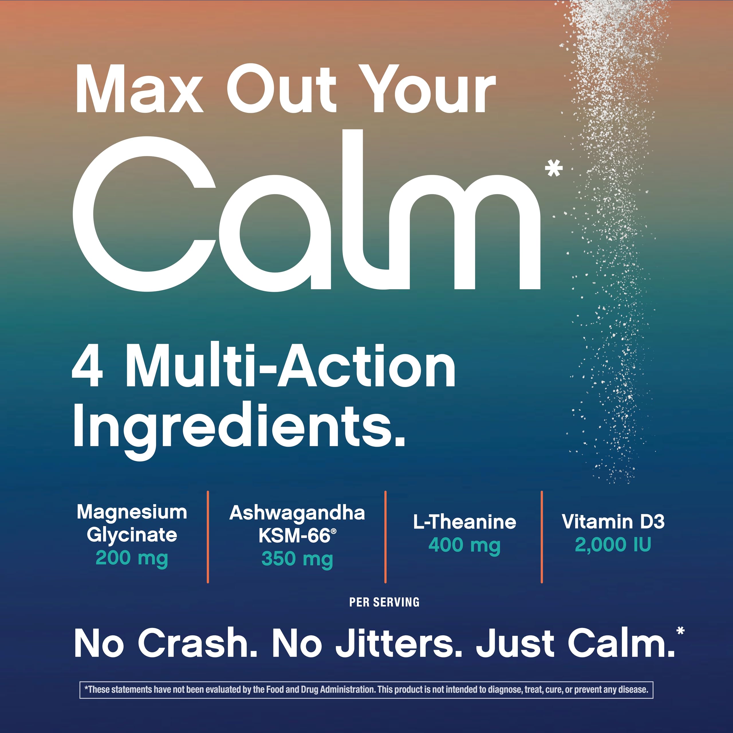 Detalle de la etiqueta Max Calm con lista de ingredientes transparente