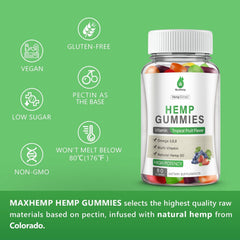 MaxHemp envase abierto mostrando 80 gomitas listas para consumir