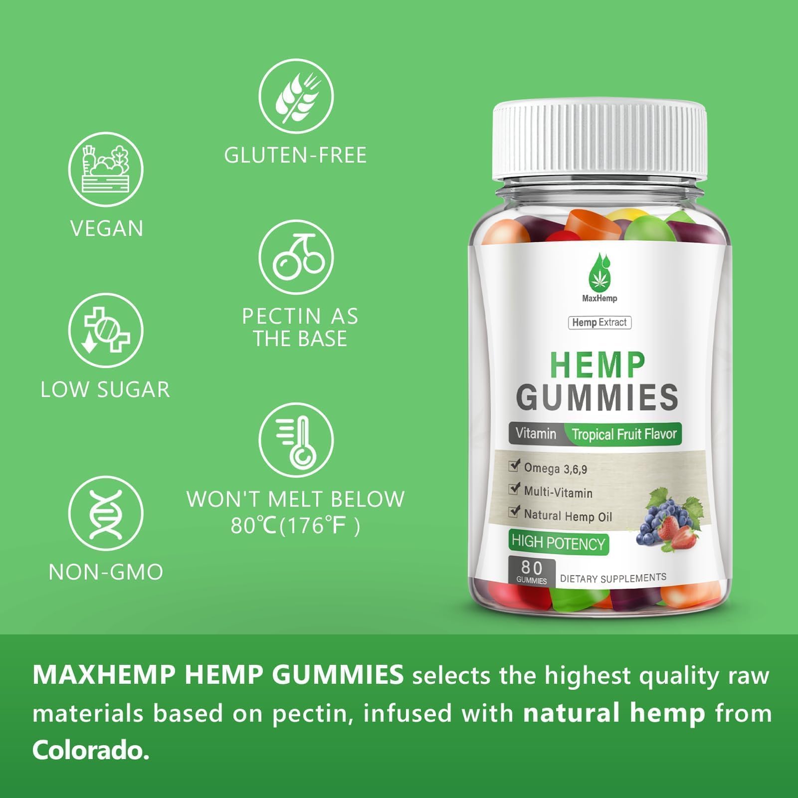 Gomitas MaxHemp en mesita de noche junto a agua, sugerencia de uso para descanso