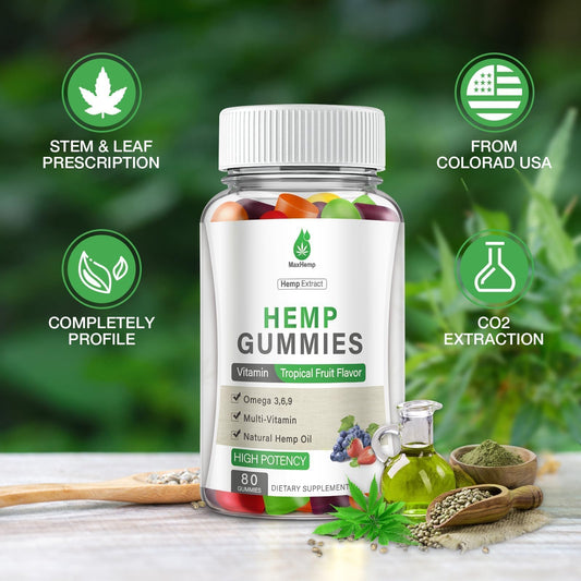 Detalle de textura de gomita MaxHemp que muestra pectina vegetal y aspecto firme