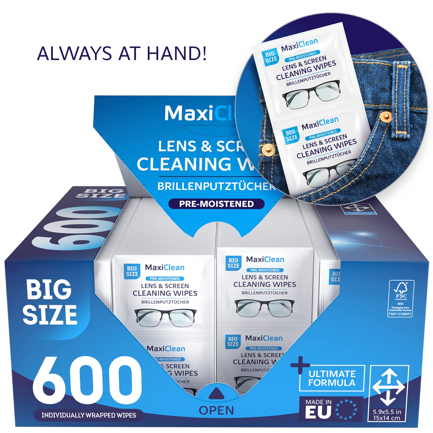 Toallita Maxi Clean junto a una mano para comparar tamaño práctico