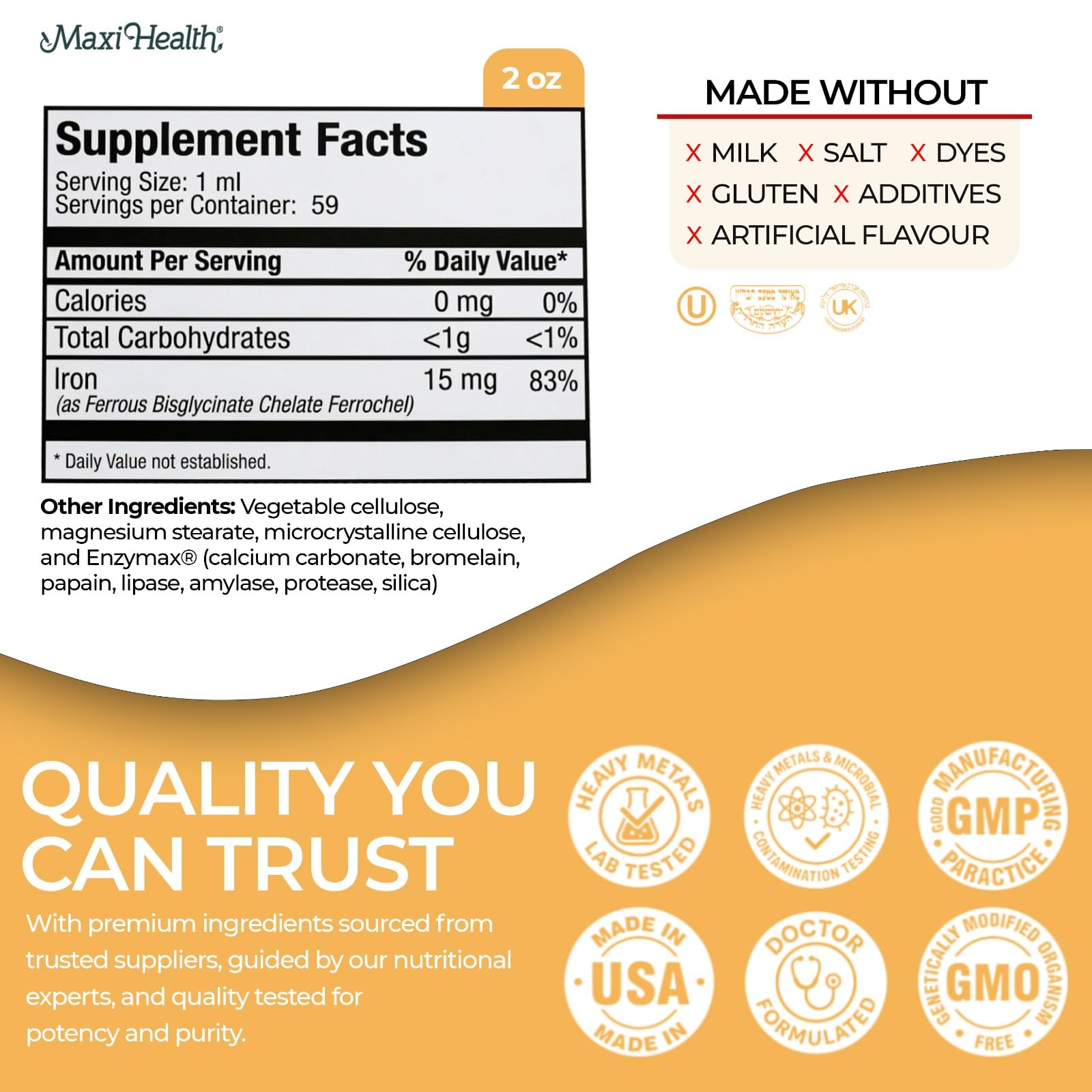 Maxi Health etiqueta en primer plano con información de ingredientes y certificaciones