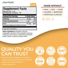 Maxi Health etiqueta en primer plano con información de ingredientes y certificaciones