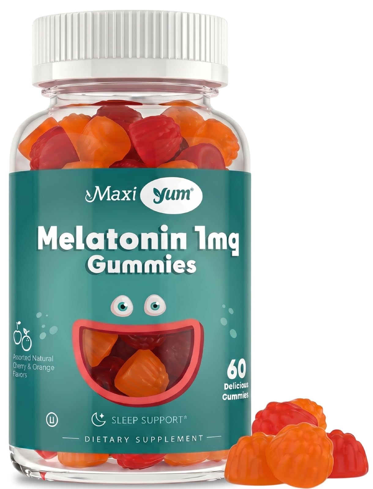 Maxi Health frasco delantero mostrando 60 gomitas y propiedades claras