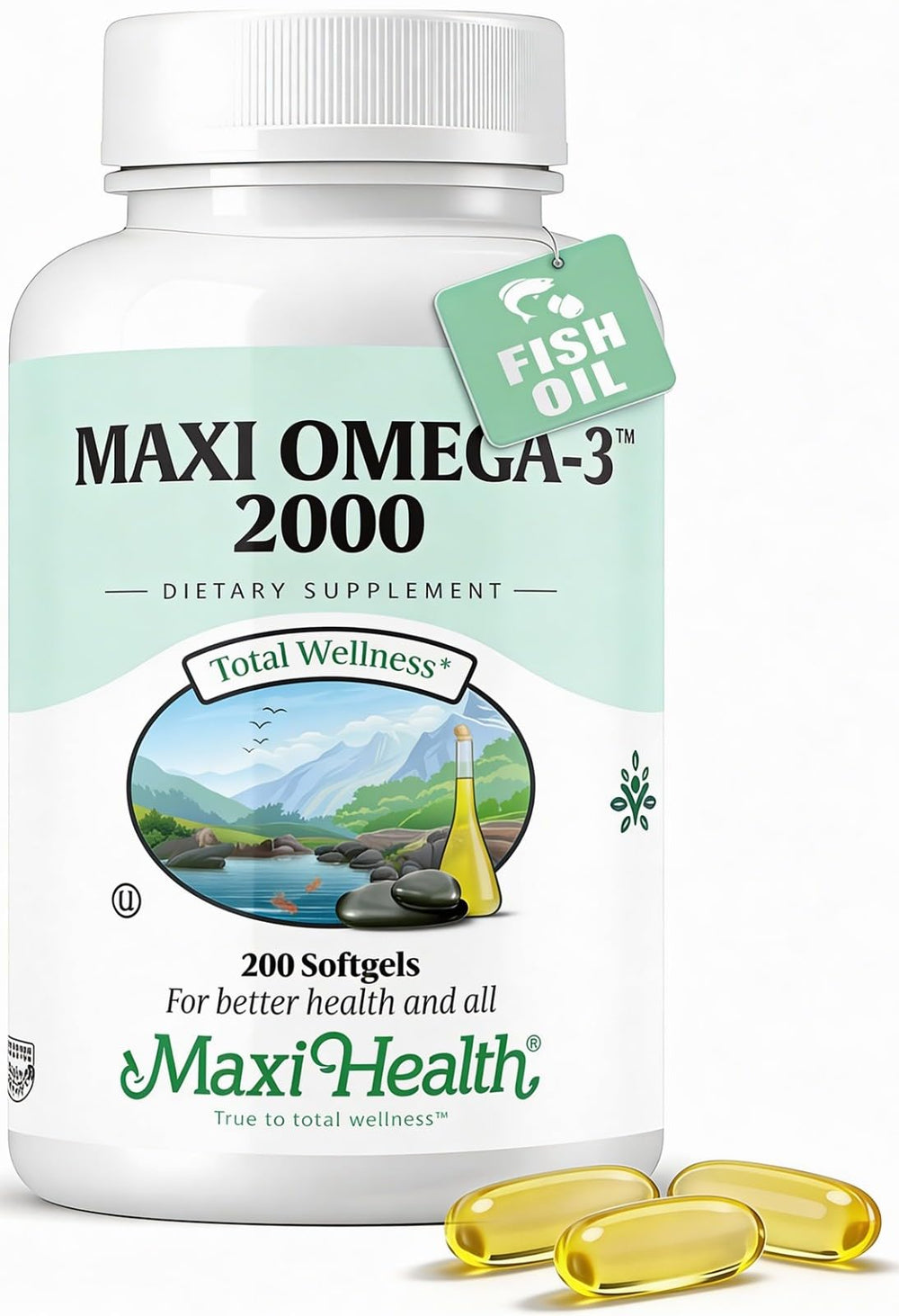 Maxi Health frasco frontal mostrando el envase y el conteo de 200 cápsulas, confianza