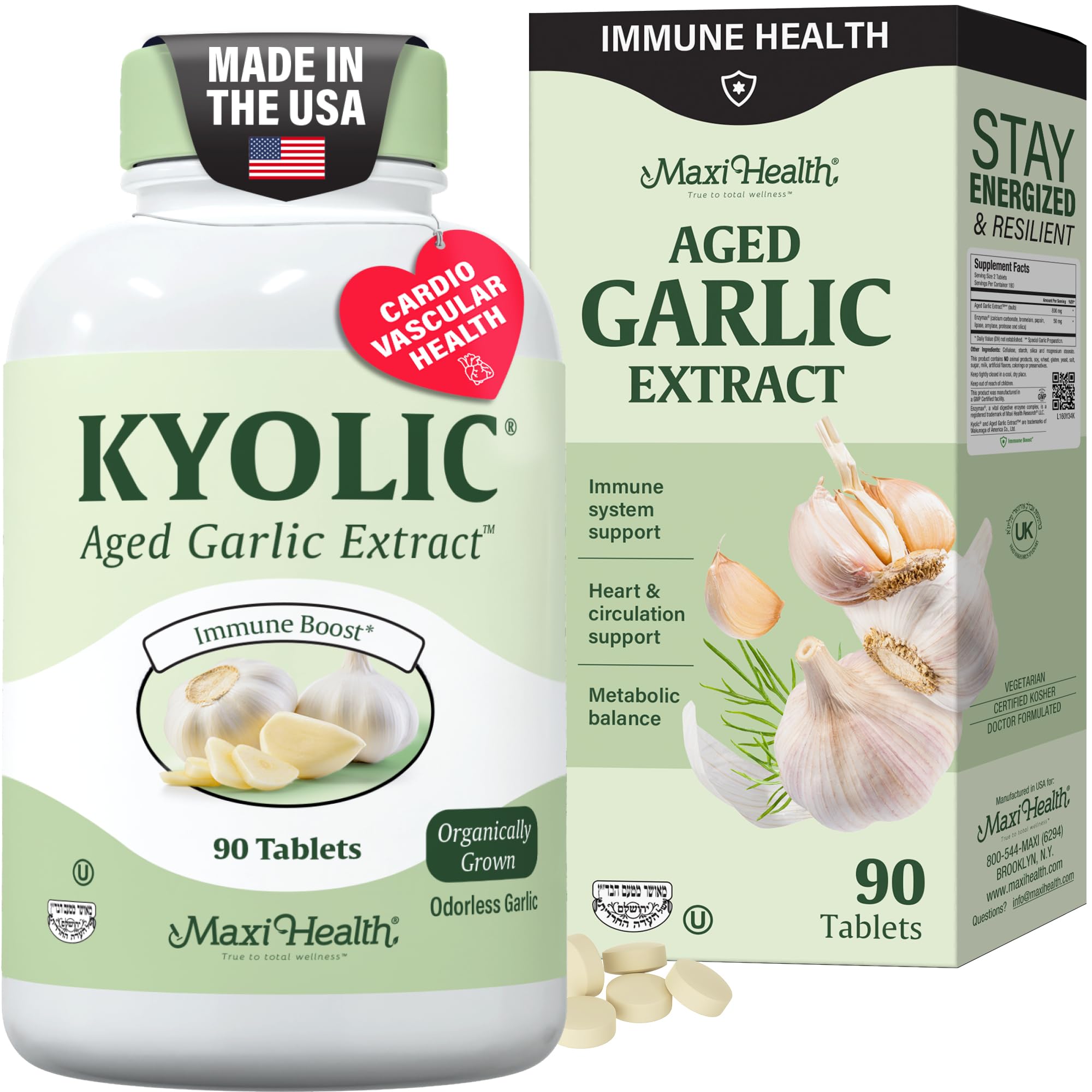 Maxi Health frasco frontal del suplemento Kyolic con presentación clara y beneficios