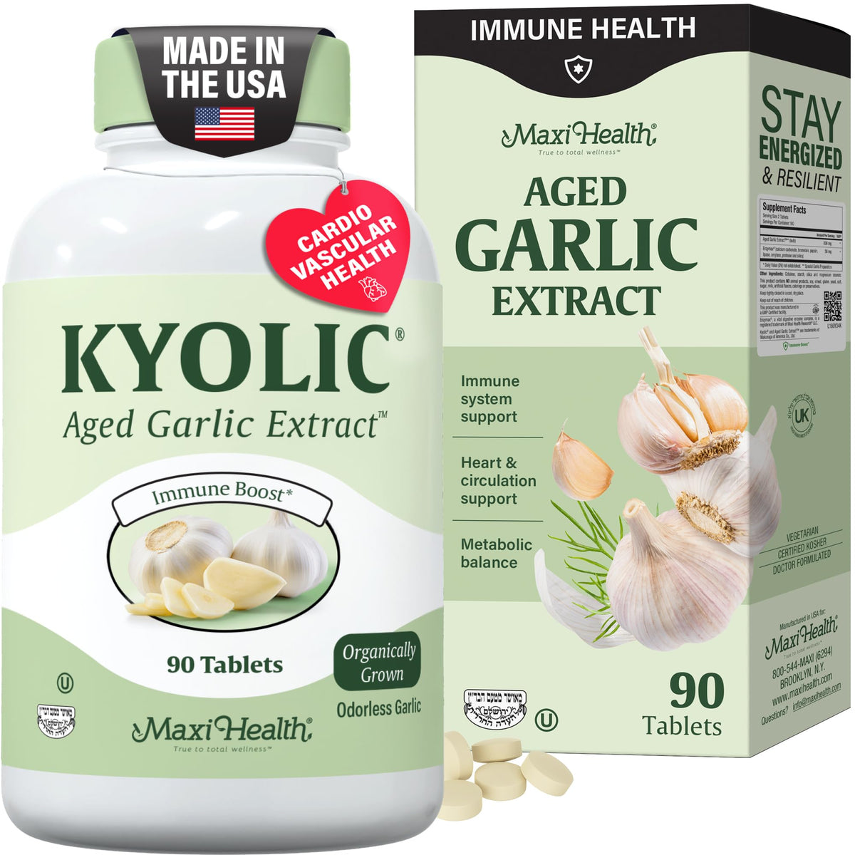 Maxi Health frasco frontal del suplemento Kyolic con presentación clara y beneficios