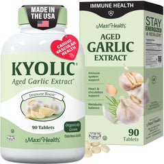 Maxi Health frasco frontal del suplemento Kyolic con presentación clara y beneficios