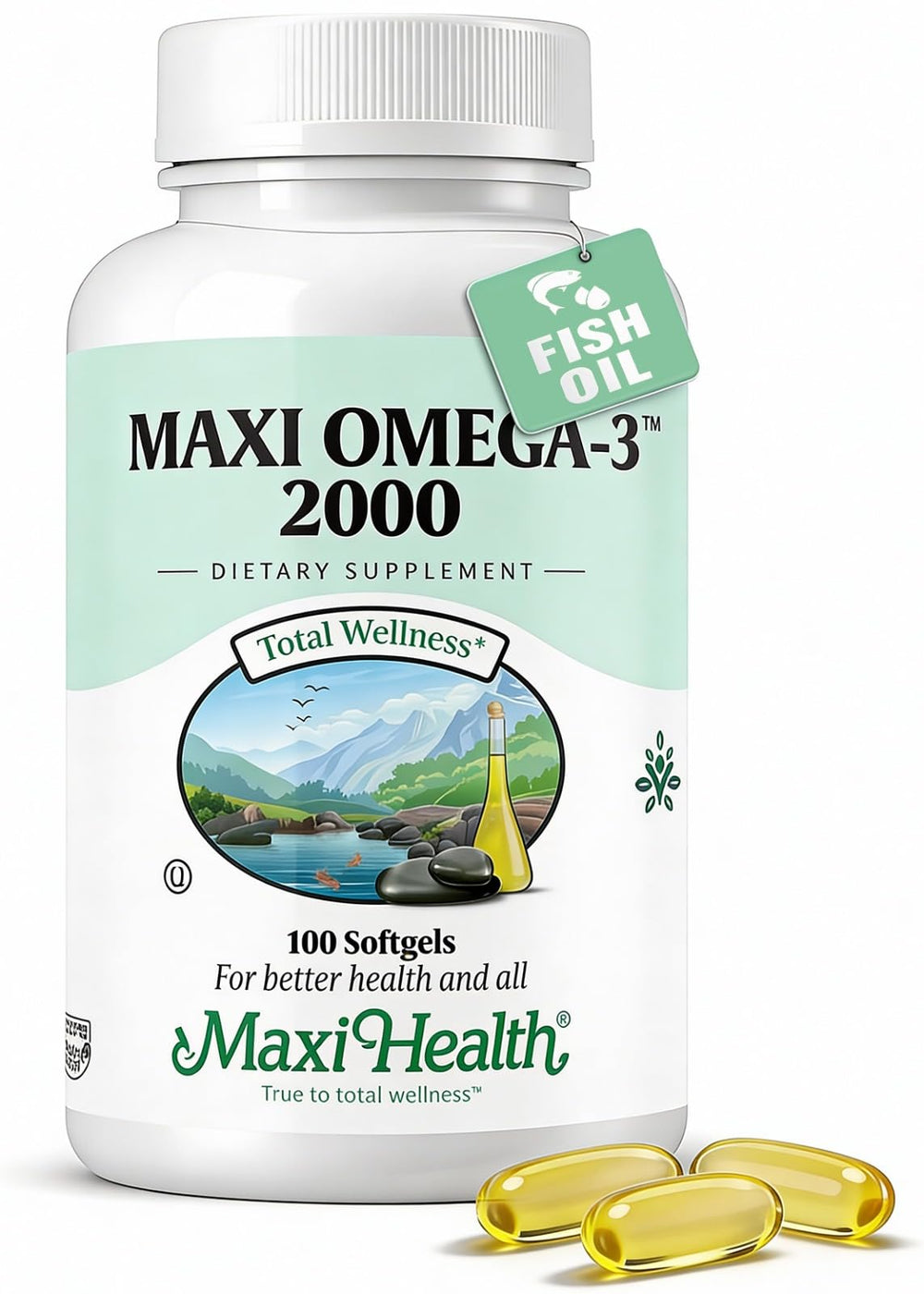 Maxi Health envase frontal mostrando 100 cápsulas y beneficios claros