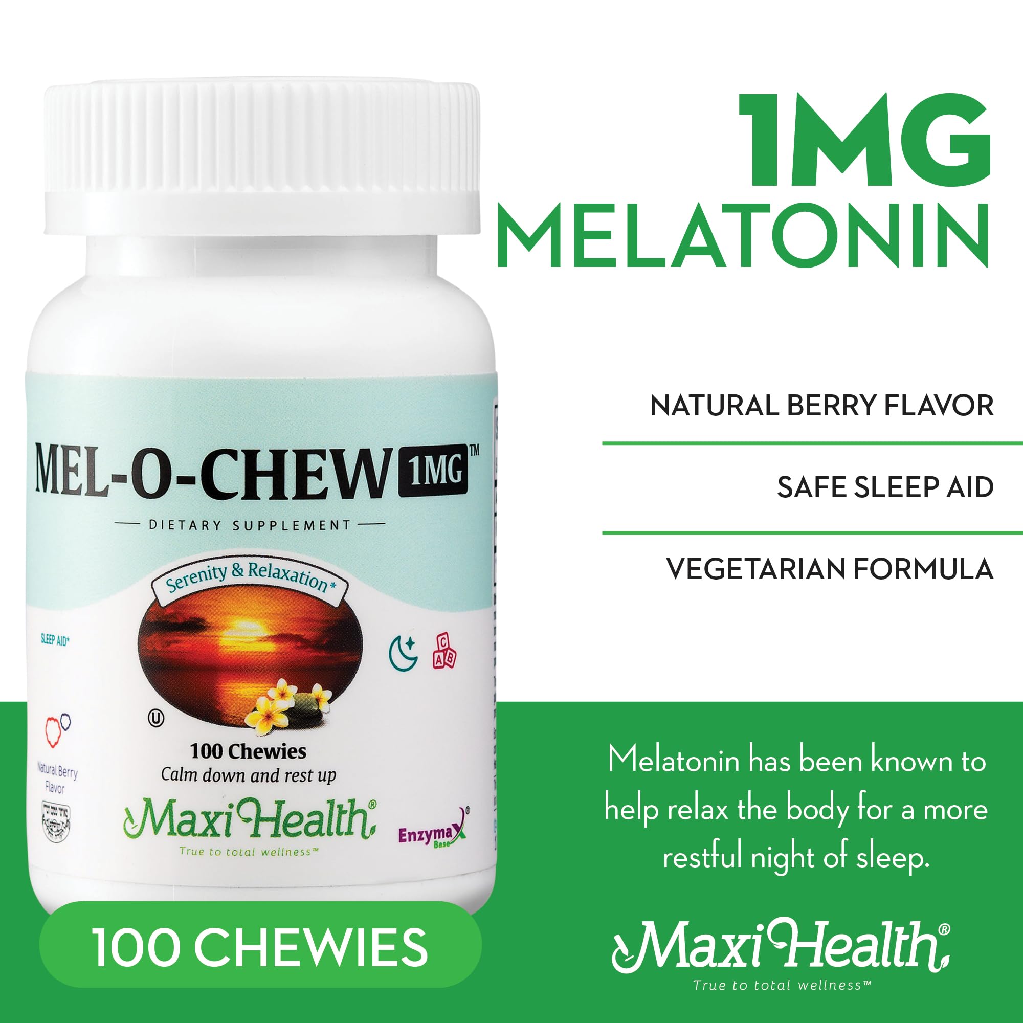 Maxi Health tableta masticable en mano para uso fácil antes de dormir