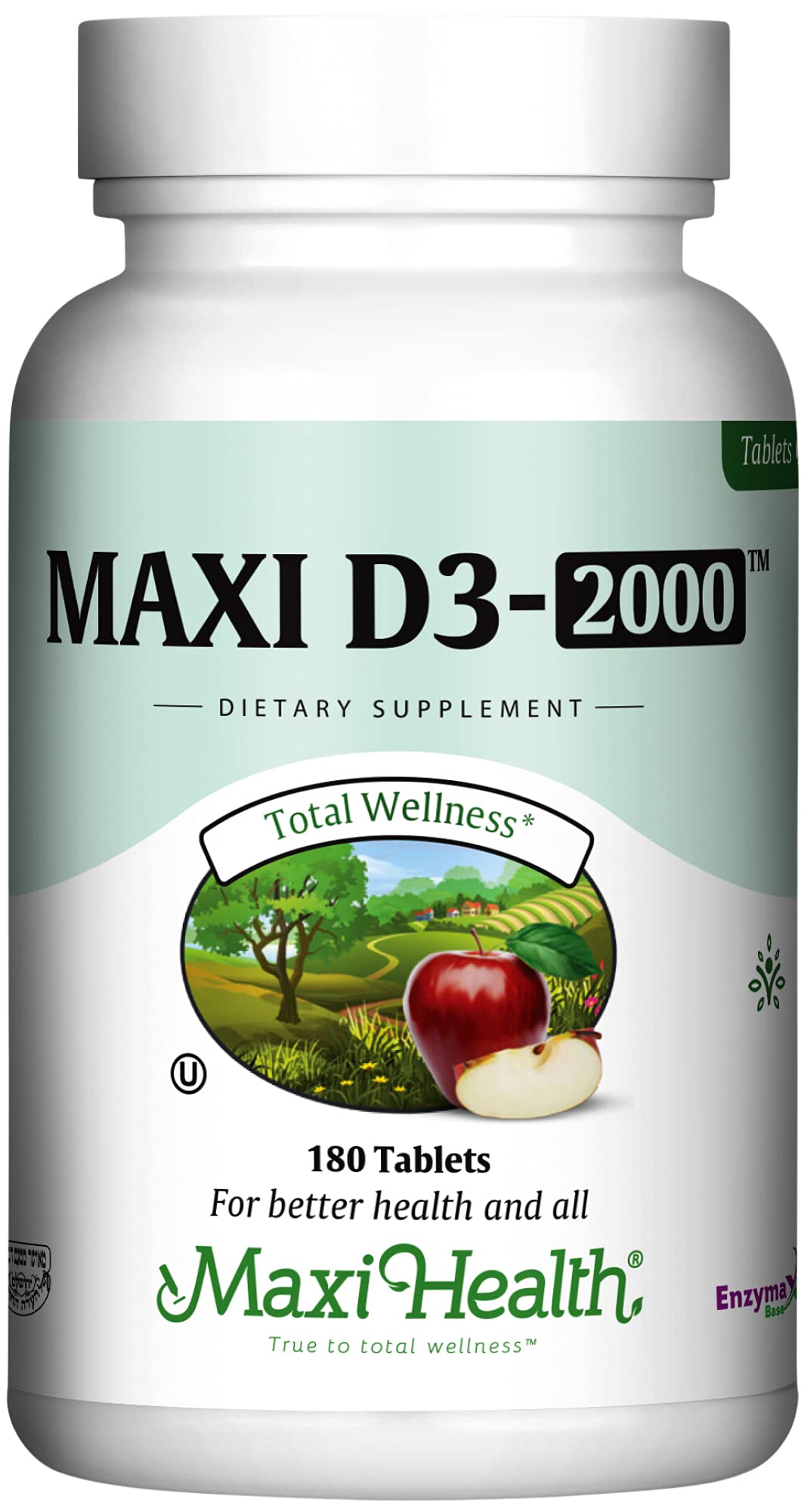 Maxi Health botella frontal del suplemento D3 2000 IU con 180 comprimidos, práctico