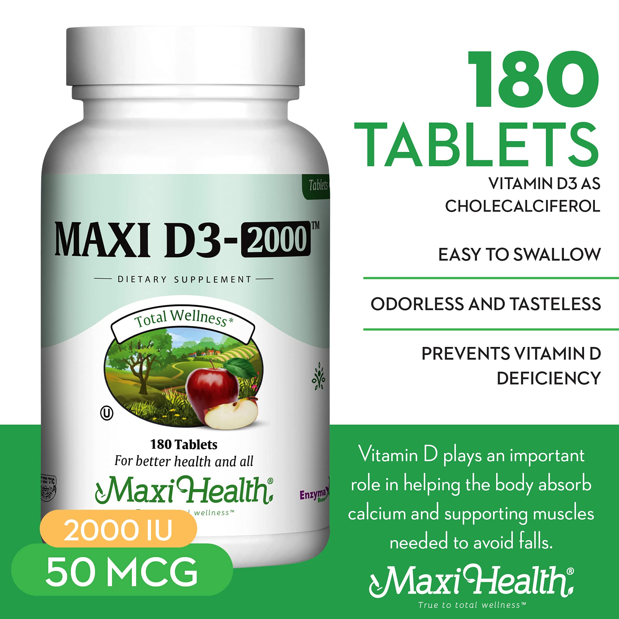 Maxi Health comprimidos de vitamina D3 en primer plano, textura y forma clara