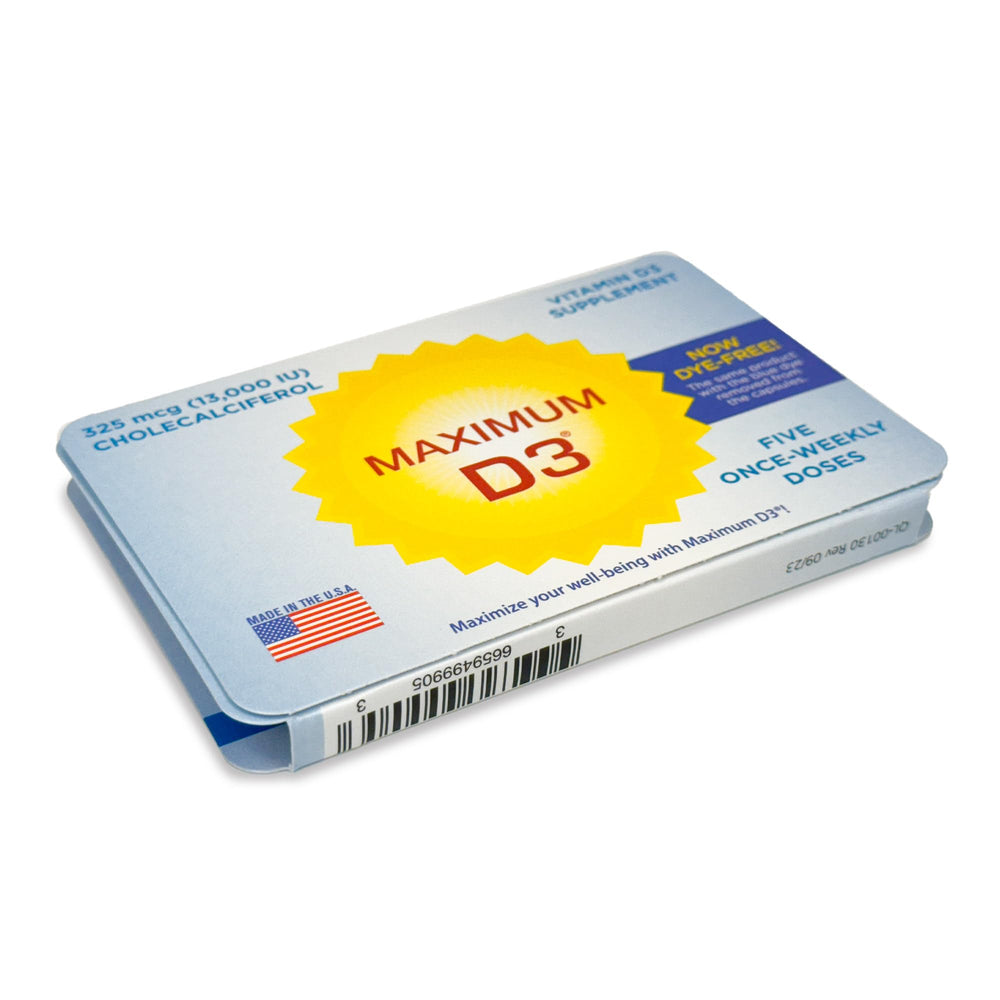 Maximum D3 bote abierto con cápsulas visibles para identificar contenido