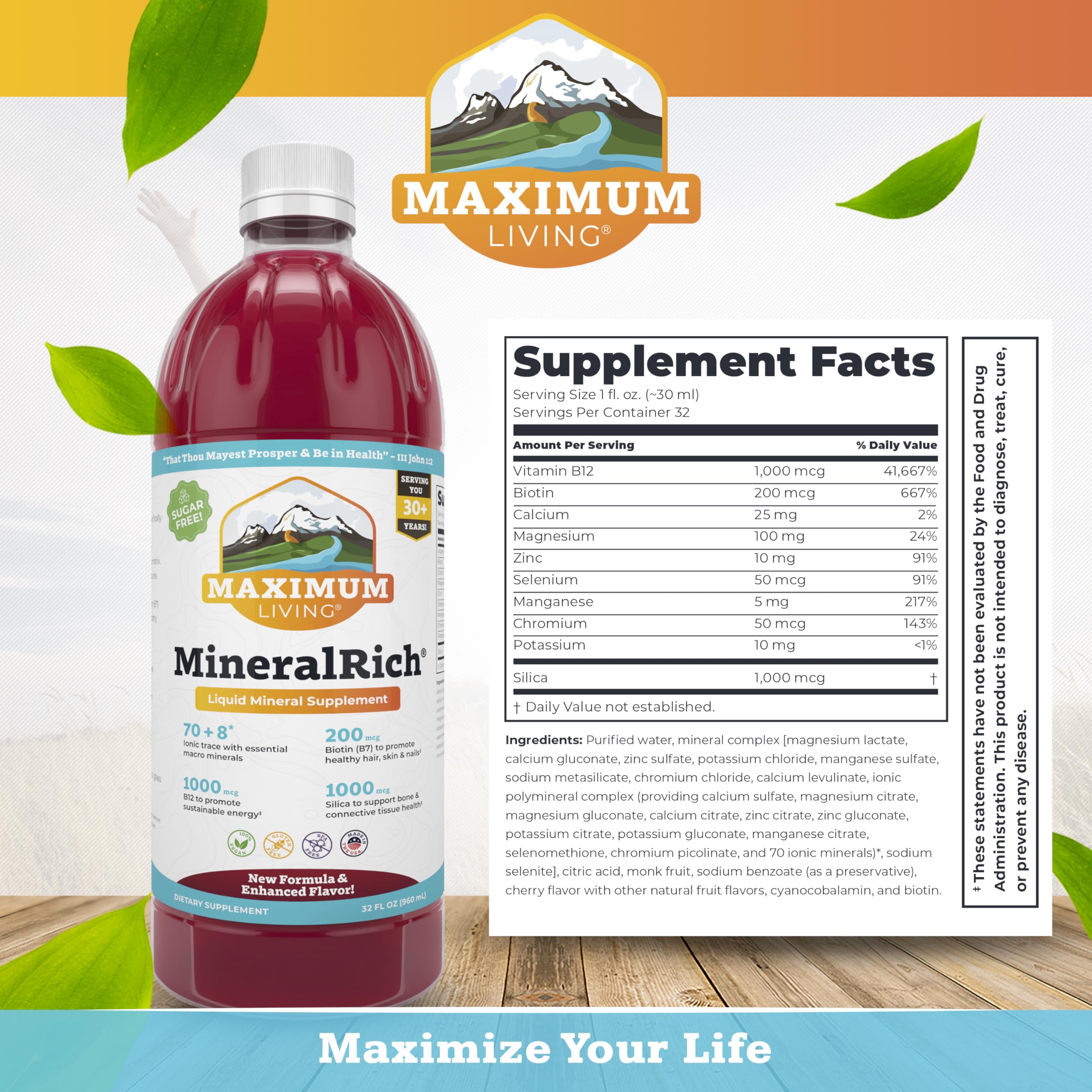 Maximum Living MineralRich vertido en vaso mostrando uso diario práctico