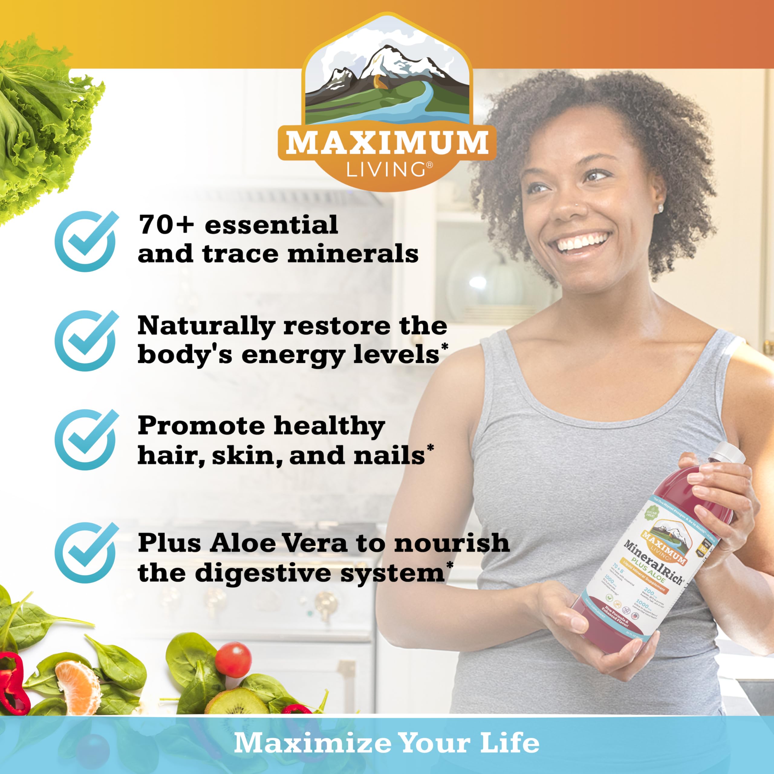 Maximum Living MineralRich comparación de tamaño del frasco 32 oz junto a objetos cotidianos