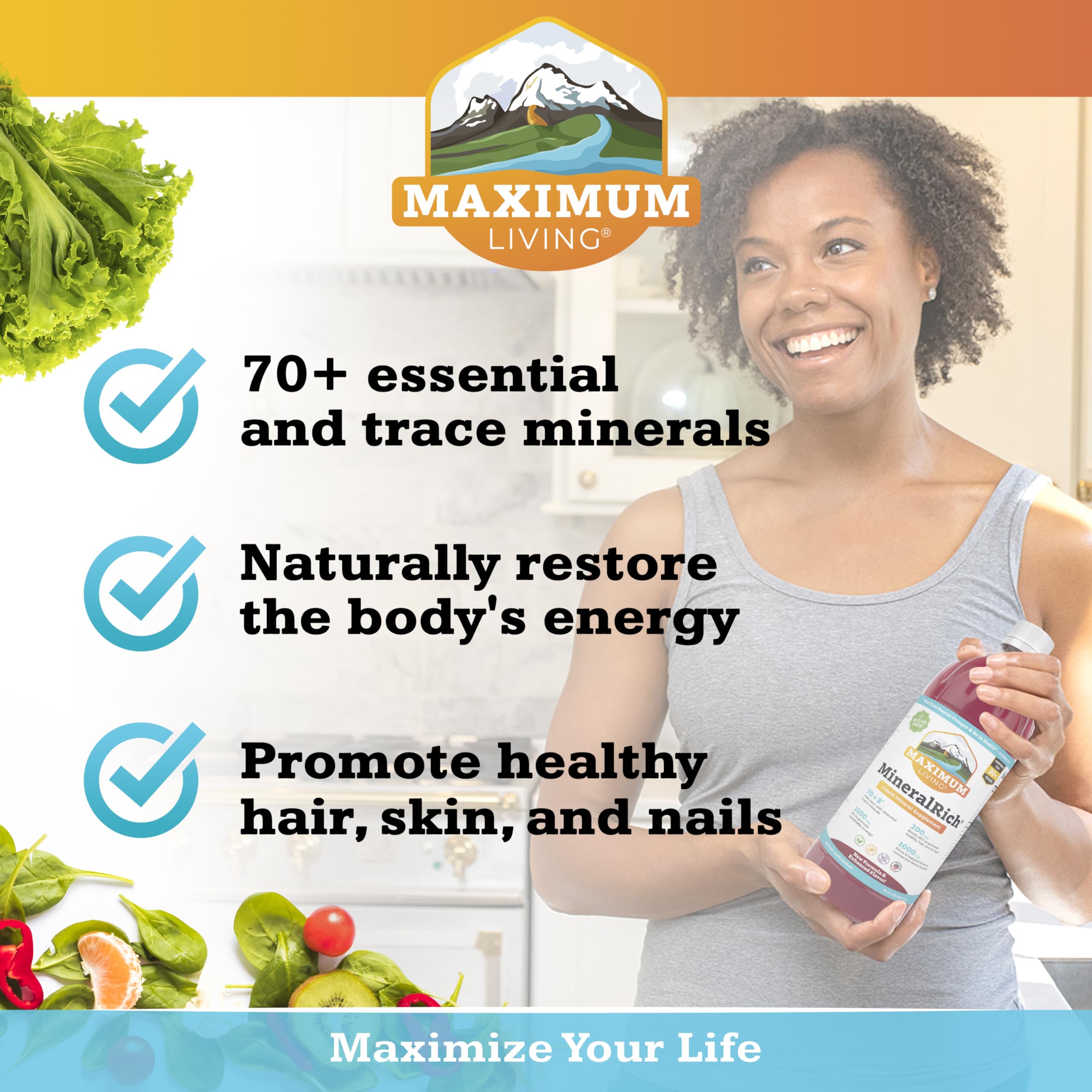 Maximum Living MineralRich comparación de tamaño de 32 fl oz para referencia