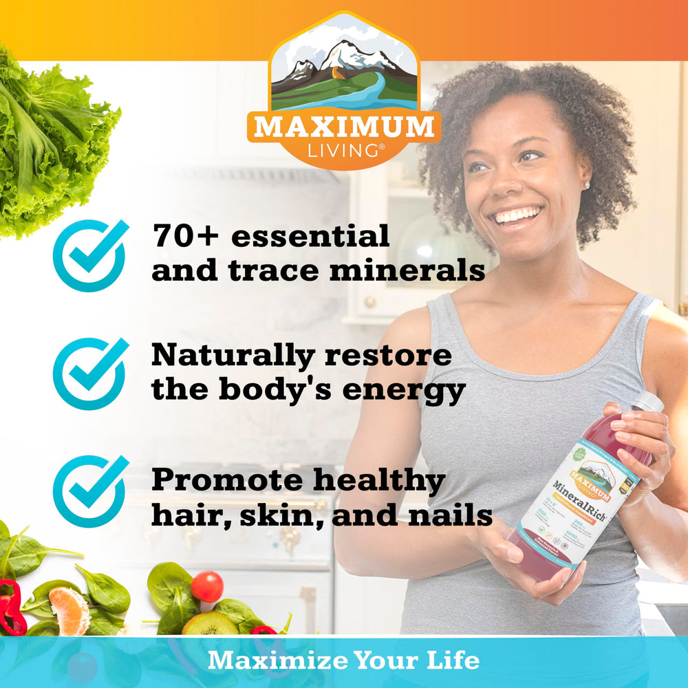 Maximum Living MineralRich comparación de tamaño de 32 fl oz para referencia