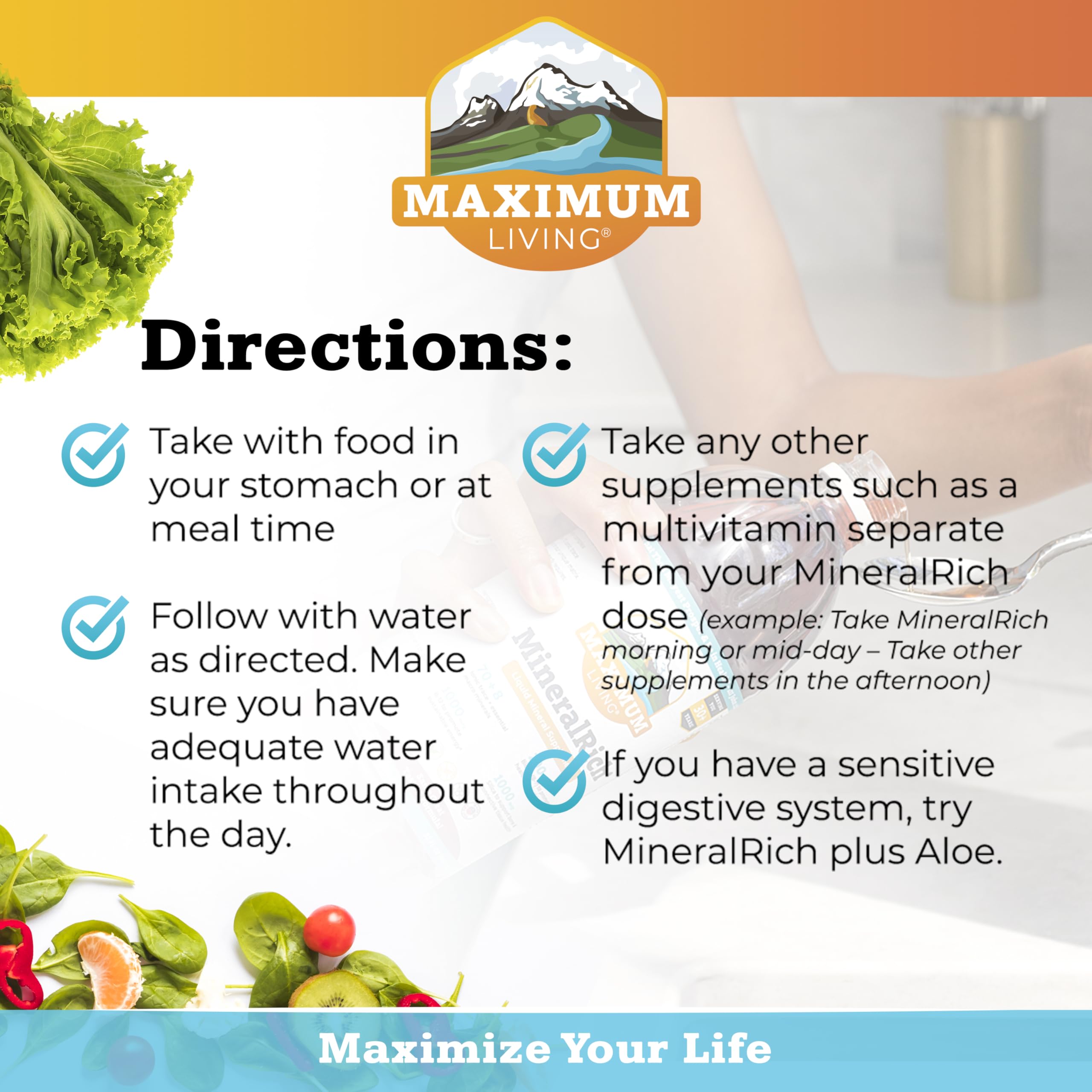 Maximum Living MineralRich etiqueta legible con lista de minerales y beneficios