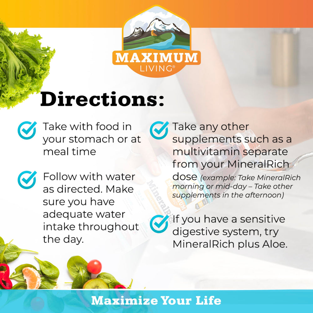 Maximum Living MineralRich etiqueta legible con lista de minerales y beneficios