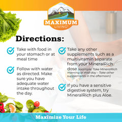 Maximum Living MineralRich etiqueta legible con lista de minerales y beneficios