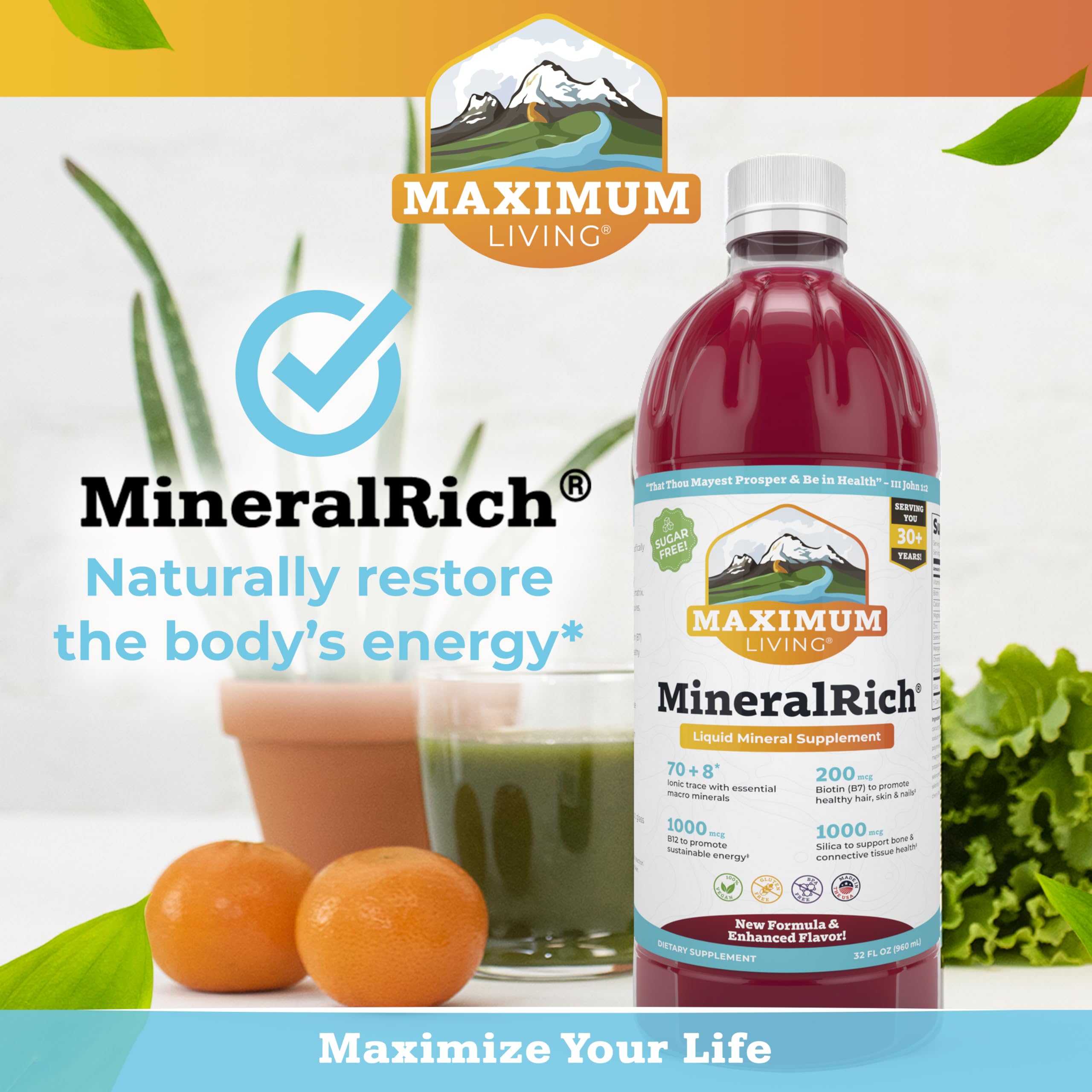 Maximum Living MineralRich etiqueta nutricional mostrando composición y dosis