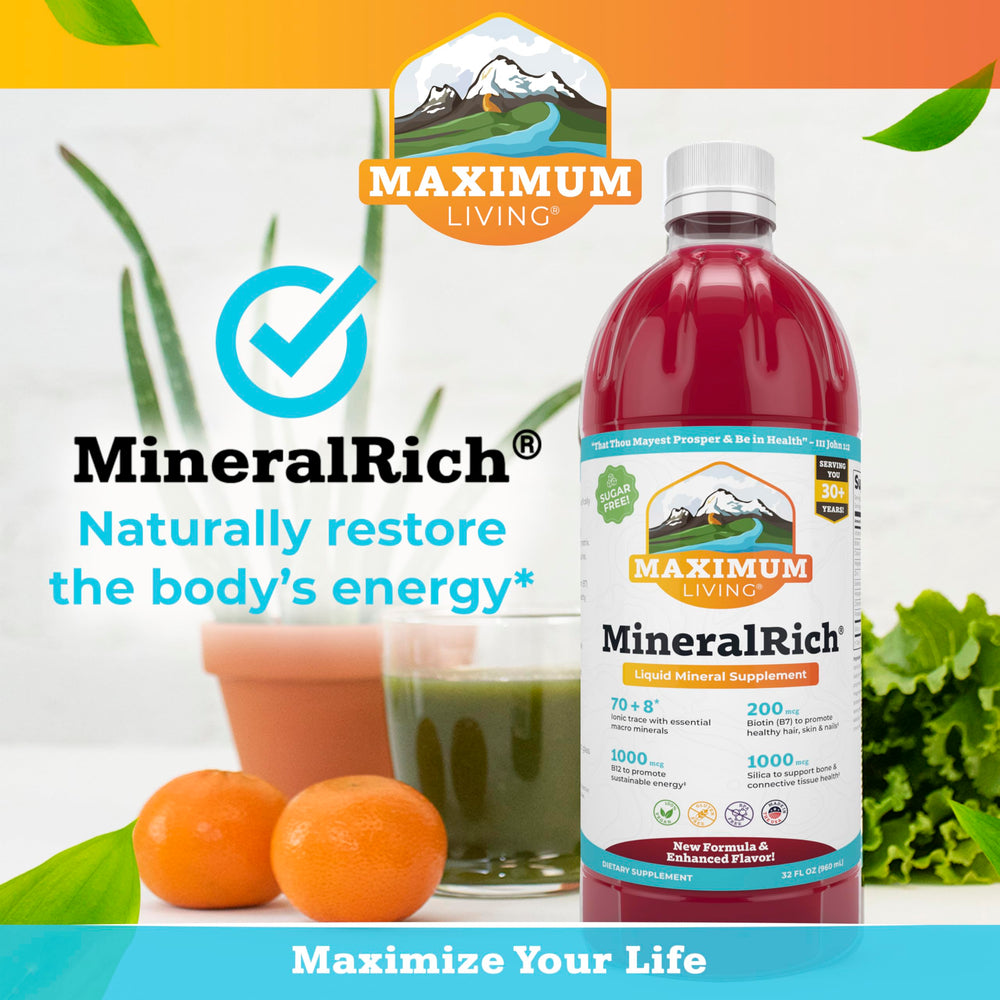 Maximum Living MineralRich etiqueta nutricional mostrando composición y dosis