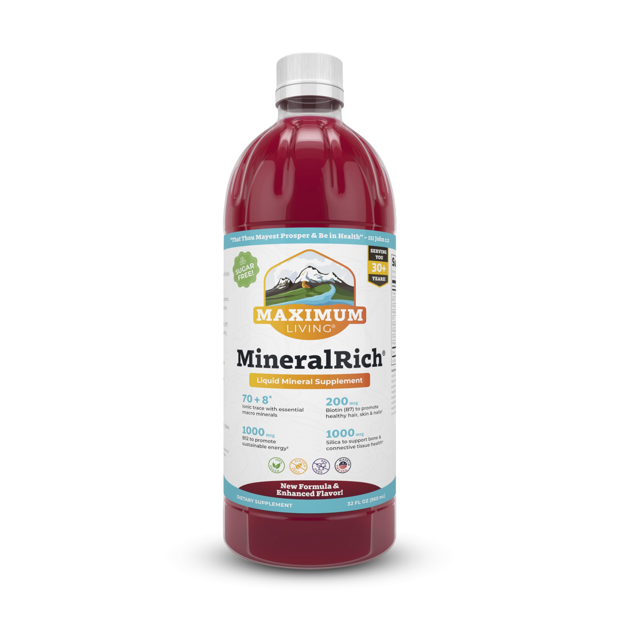 Maximum Living MineralRich vista frontal del envase con beneficios claros