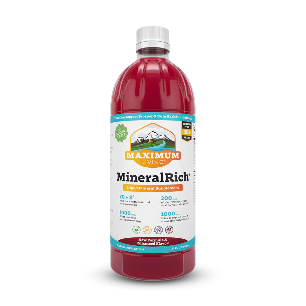 Maximum Living MineralRich vista frontal del envase con beneficios claros
