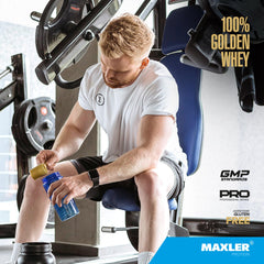 Maxler envase 2 lb junto a objeto de escala, tamaño y porciones claras