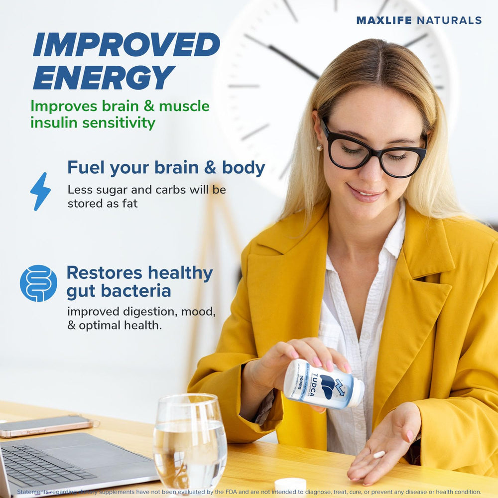 MaxLife Naturals botella abierta con cápsulas visibles para dosificación diaria