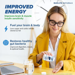 MaxLife Naturals botella abierta con cápsulas visibles para dosificación diaria