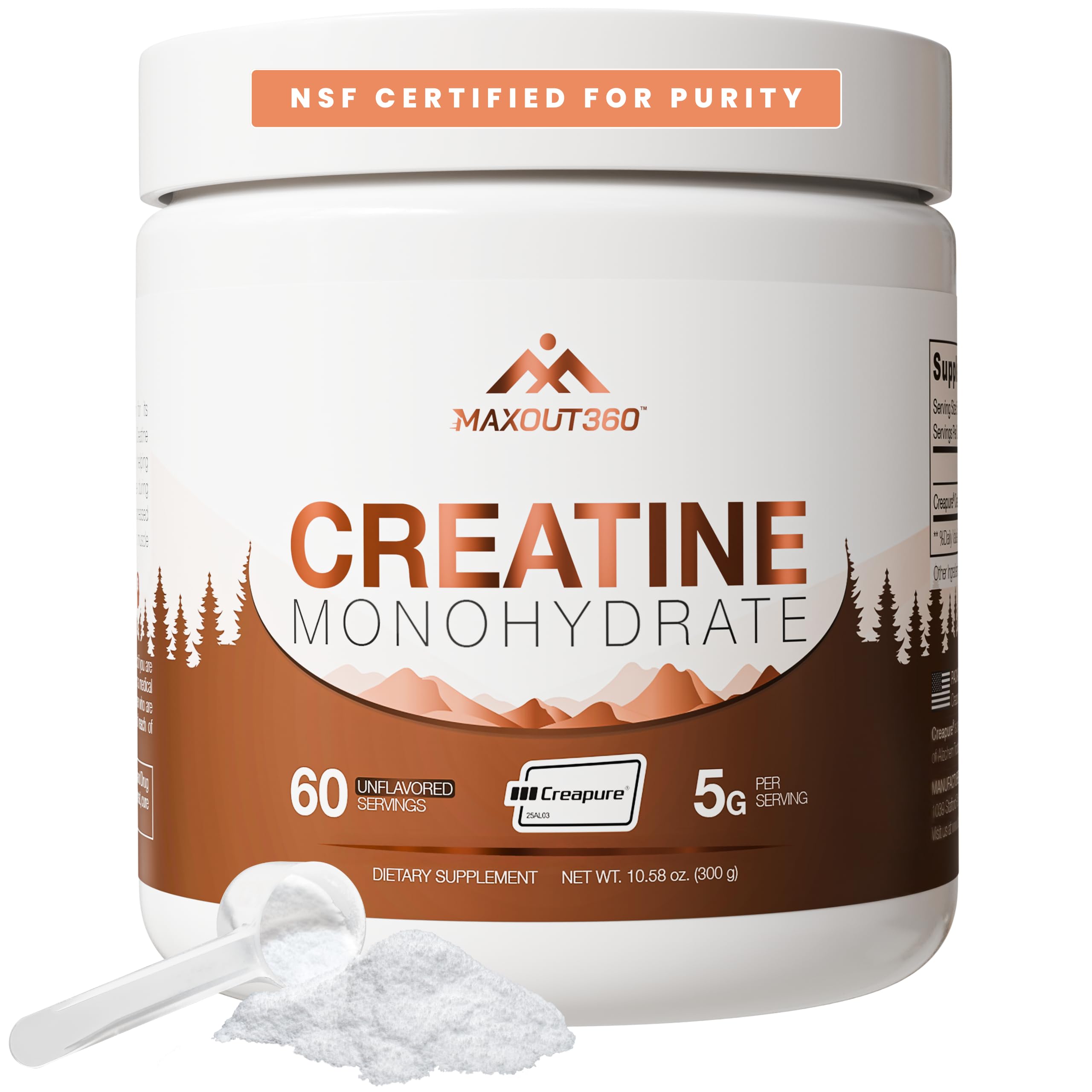 MaxOut360 Creapure envase frontal mostrando etiqueta y pureza