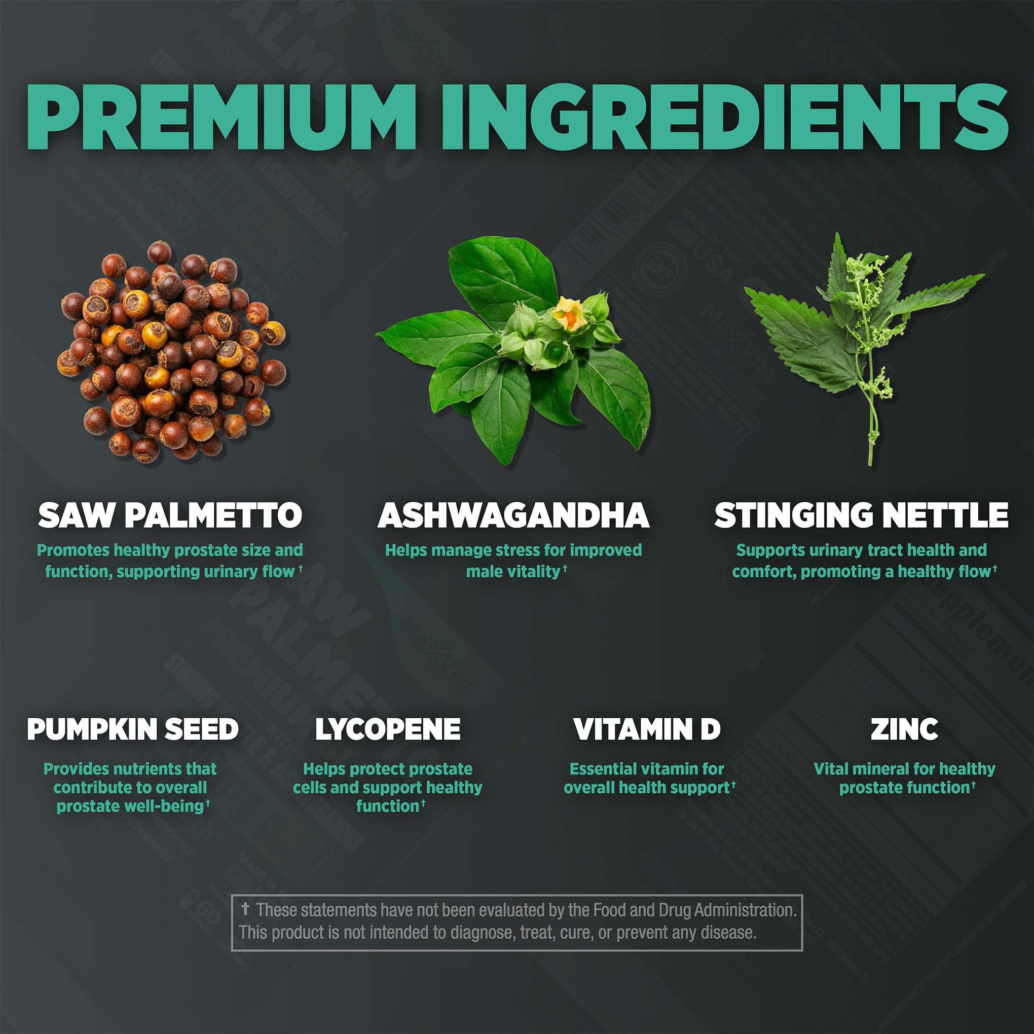 MaxVita saw palmetto y ortiga en primer plano para apoyo prostático
