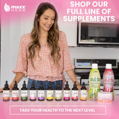 Maxx Herb botella junto a raíces de valeriana indicando origen natural