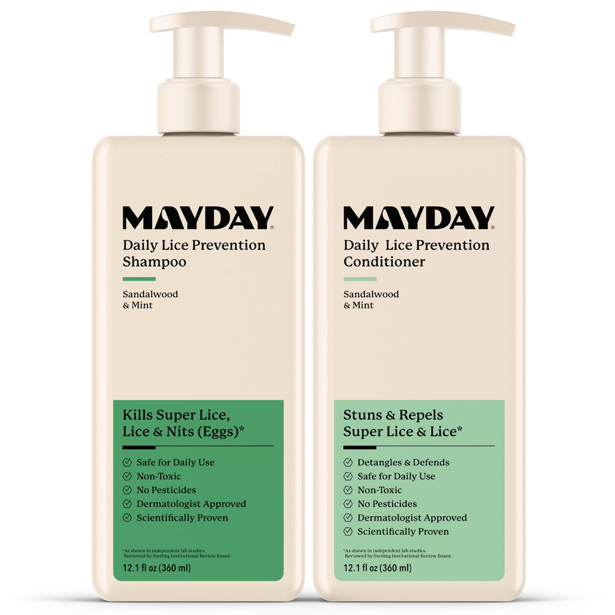 MAYDAY envases frontales del dúo champú y acondicionador mostrando diseño y beneficios
