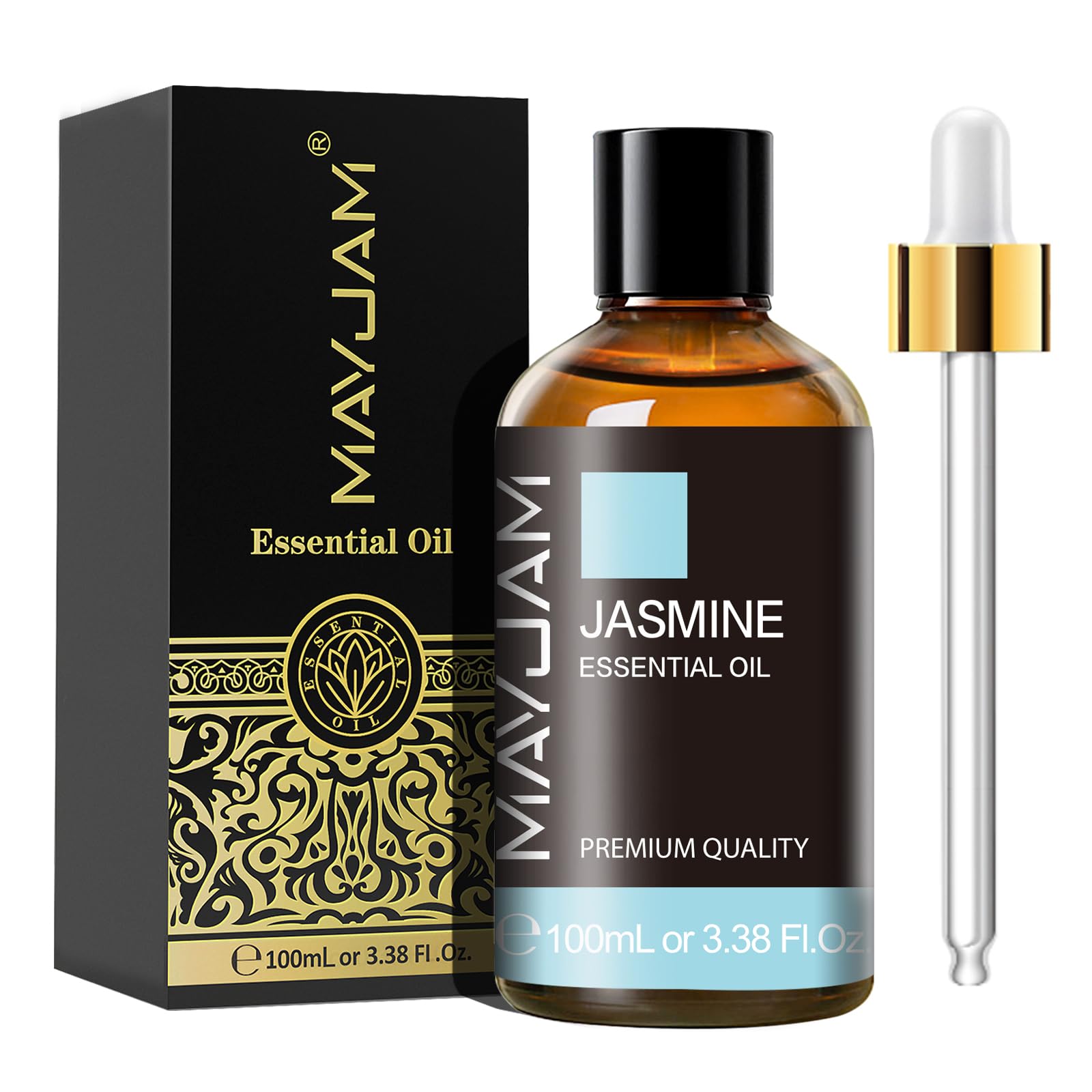 MAYJAM botella frontal de aceite de jazmín mostrando etiqueta y capacidad, ideal para ambientar