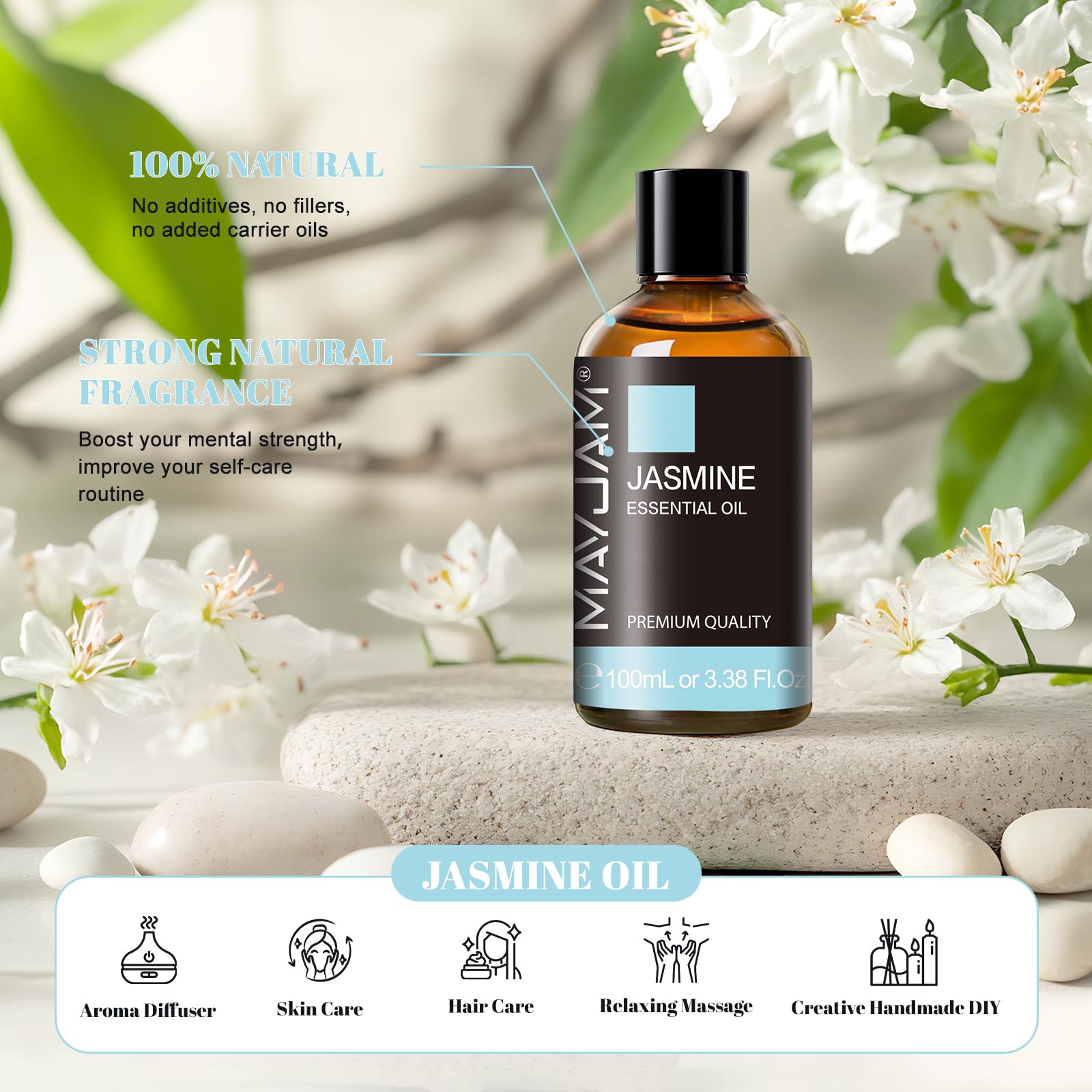 MAYJAM gota de aceite de jazmín sobre la palma para apreciar textura y concentración aromática