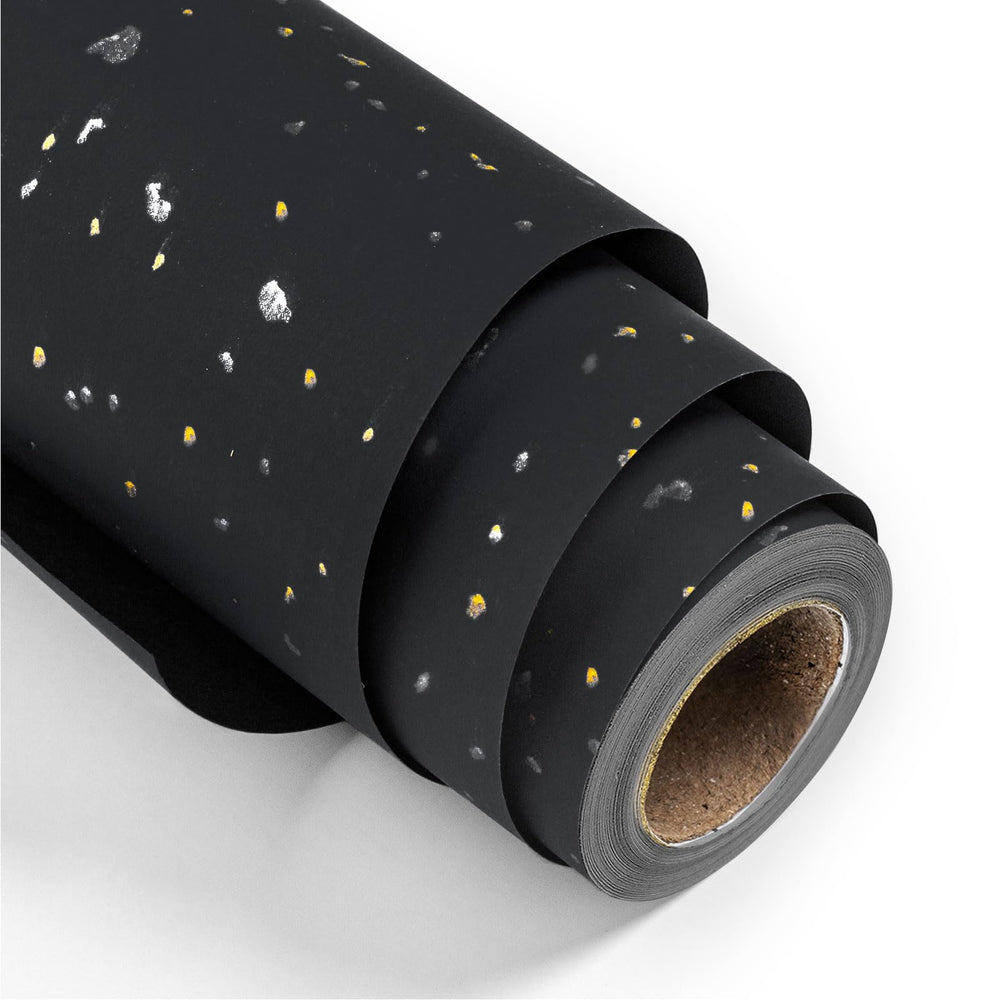 MAYPLUSS rollo frontal muestra diseño negro y motas doradas elegante