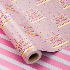 MAYPLUSS vista frontal del papel de regalo rosa, presenta acabado brillante y atractivo